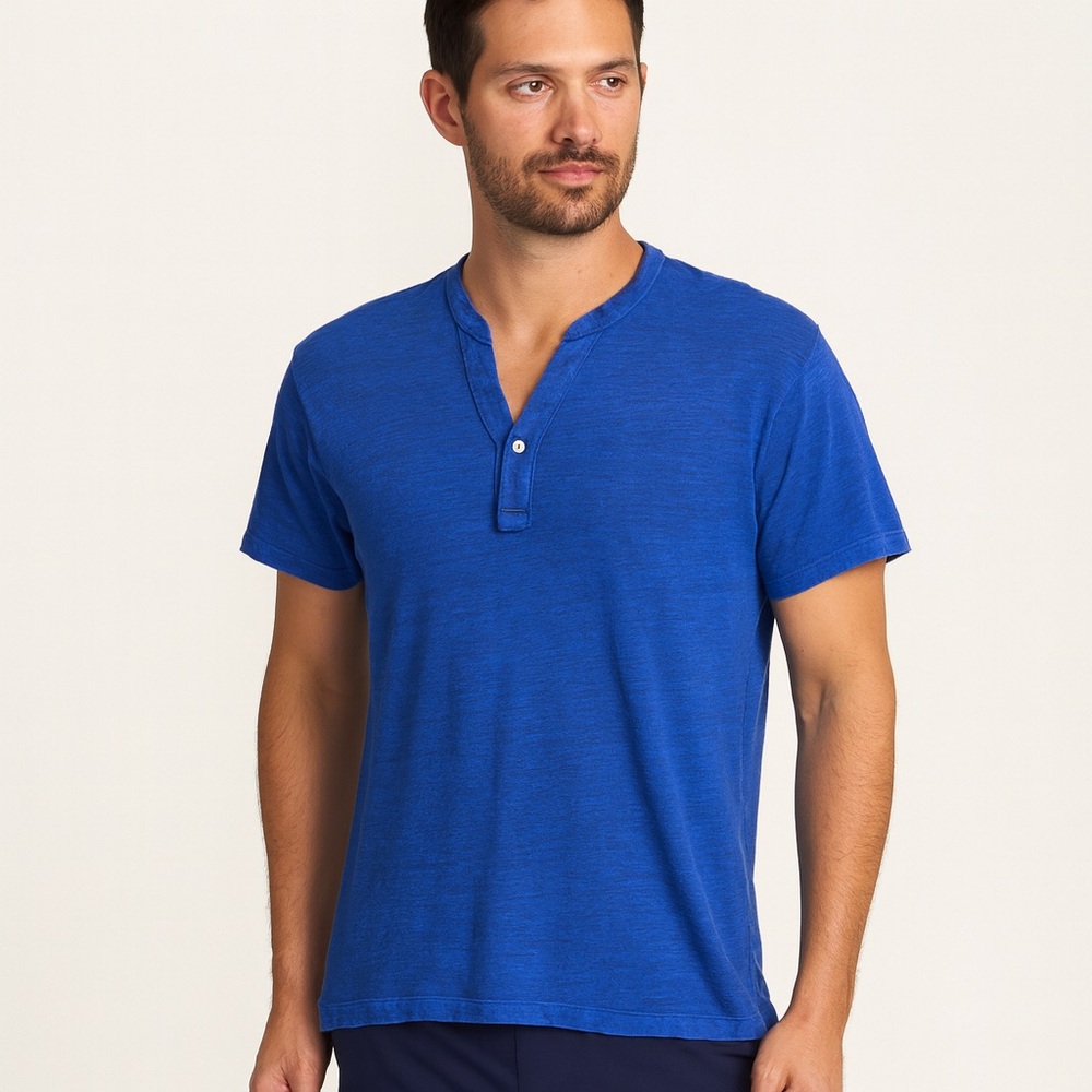 Vintage Tommy Bahama Blue 100%‎ Linen Short Sleeve Henley RARE